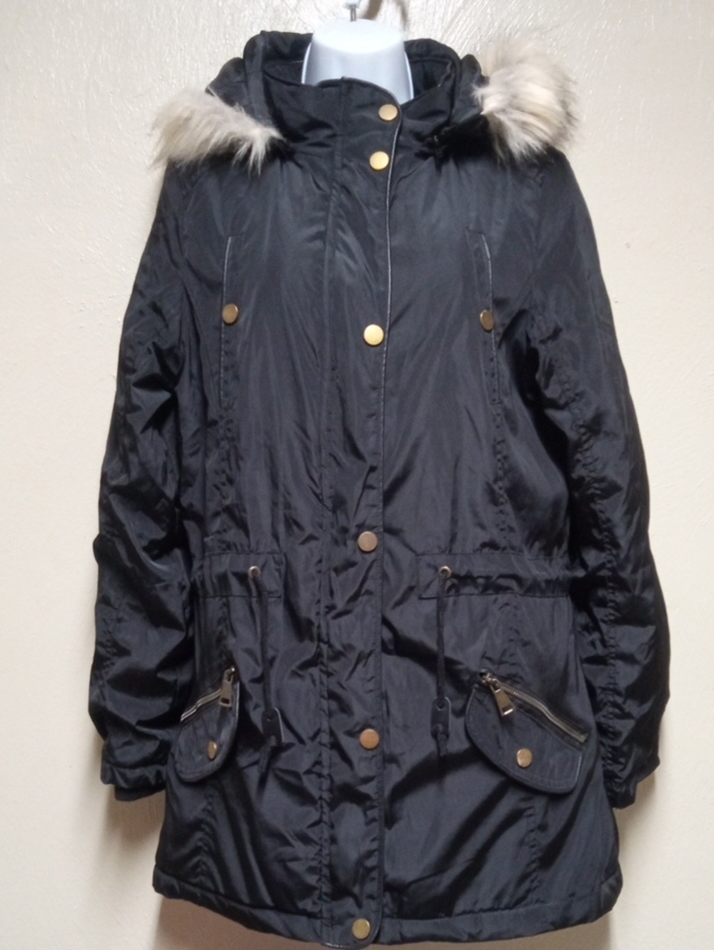 XL Jacket black dressy cinch waist fleece gold zippers faux fur Removable hood